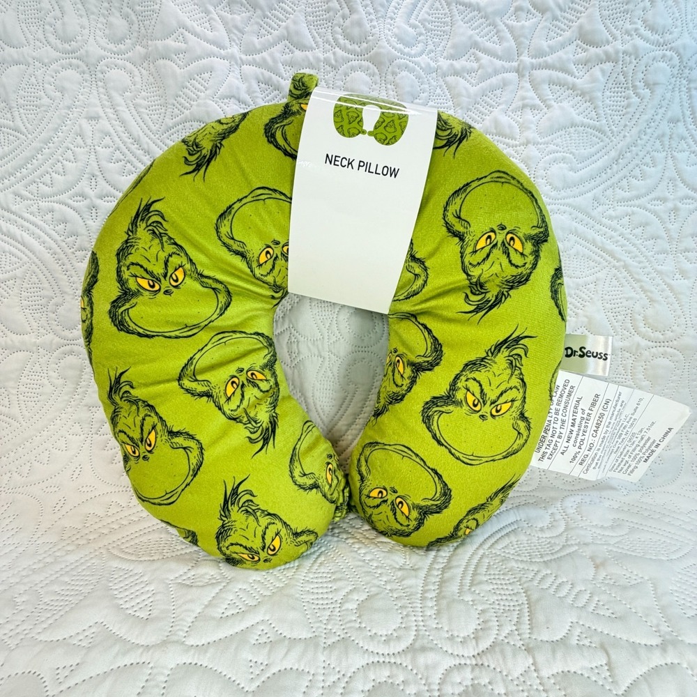Dr. Seuss The Grinch Who Stole Christmas Green Big Face Neck Pillow Travel New